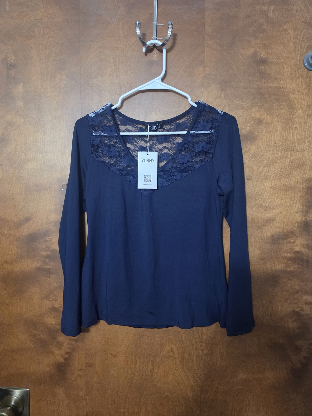 YOINS Navy Lace V-Neck Long Sleeve Top